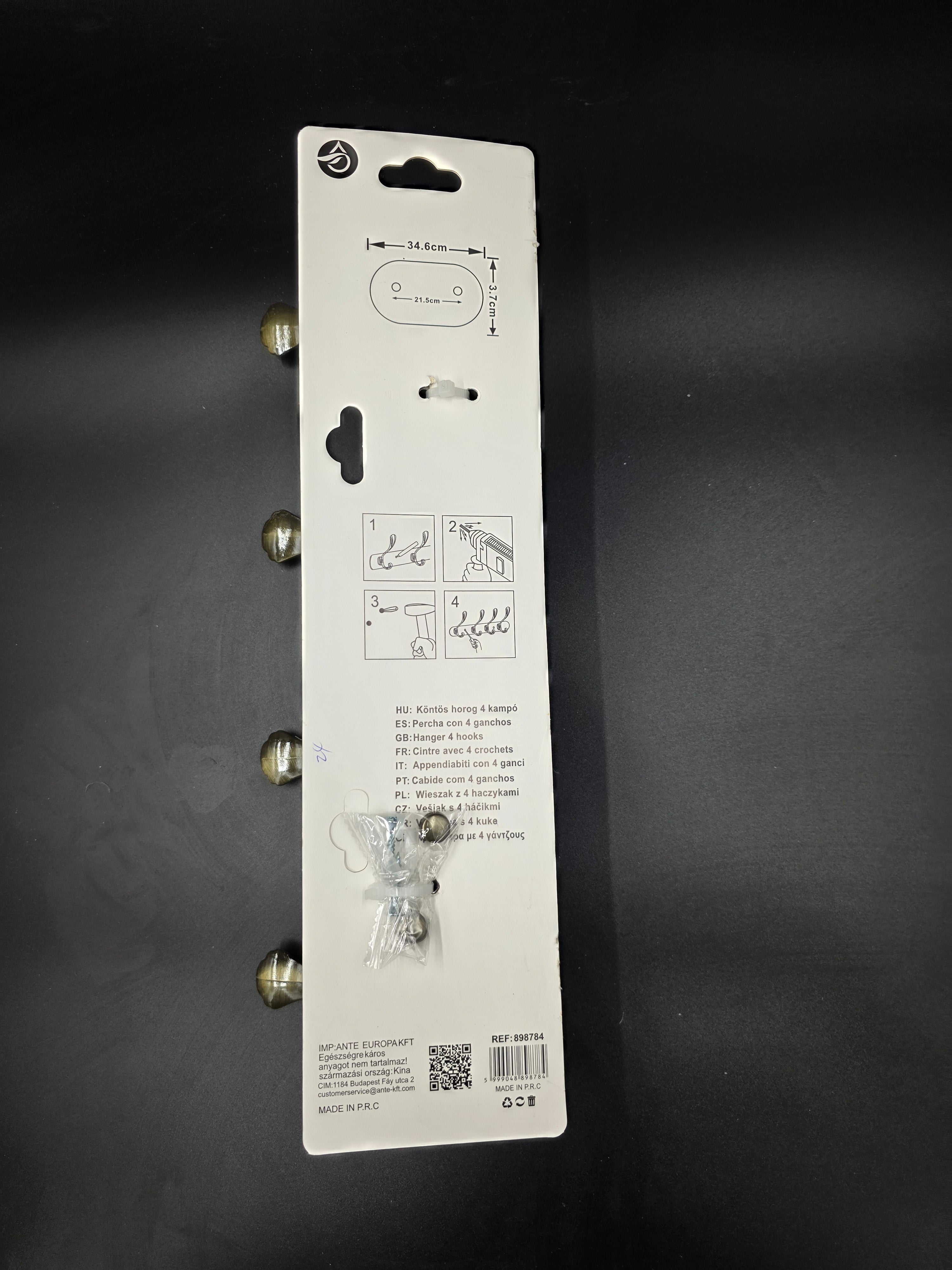 898784 - 4-Hook Wall Mounted Coat Rack - 34.6cm×3.7cm